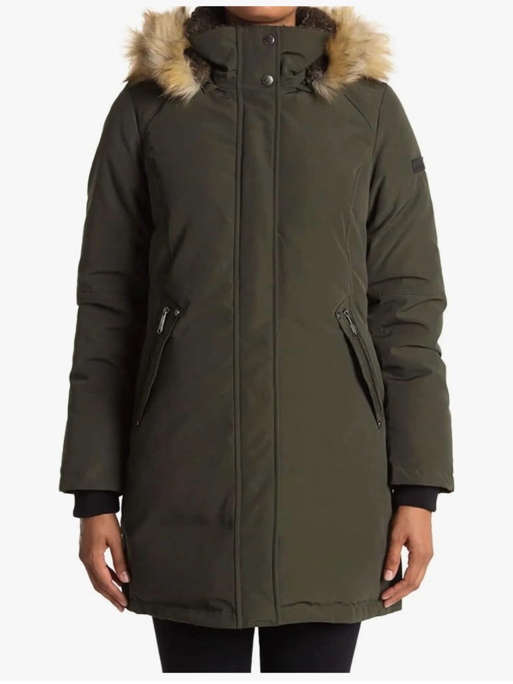 Sam Edelman | Women's Olive Green Faux-Fur Trim Down Jacket